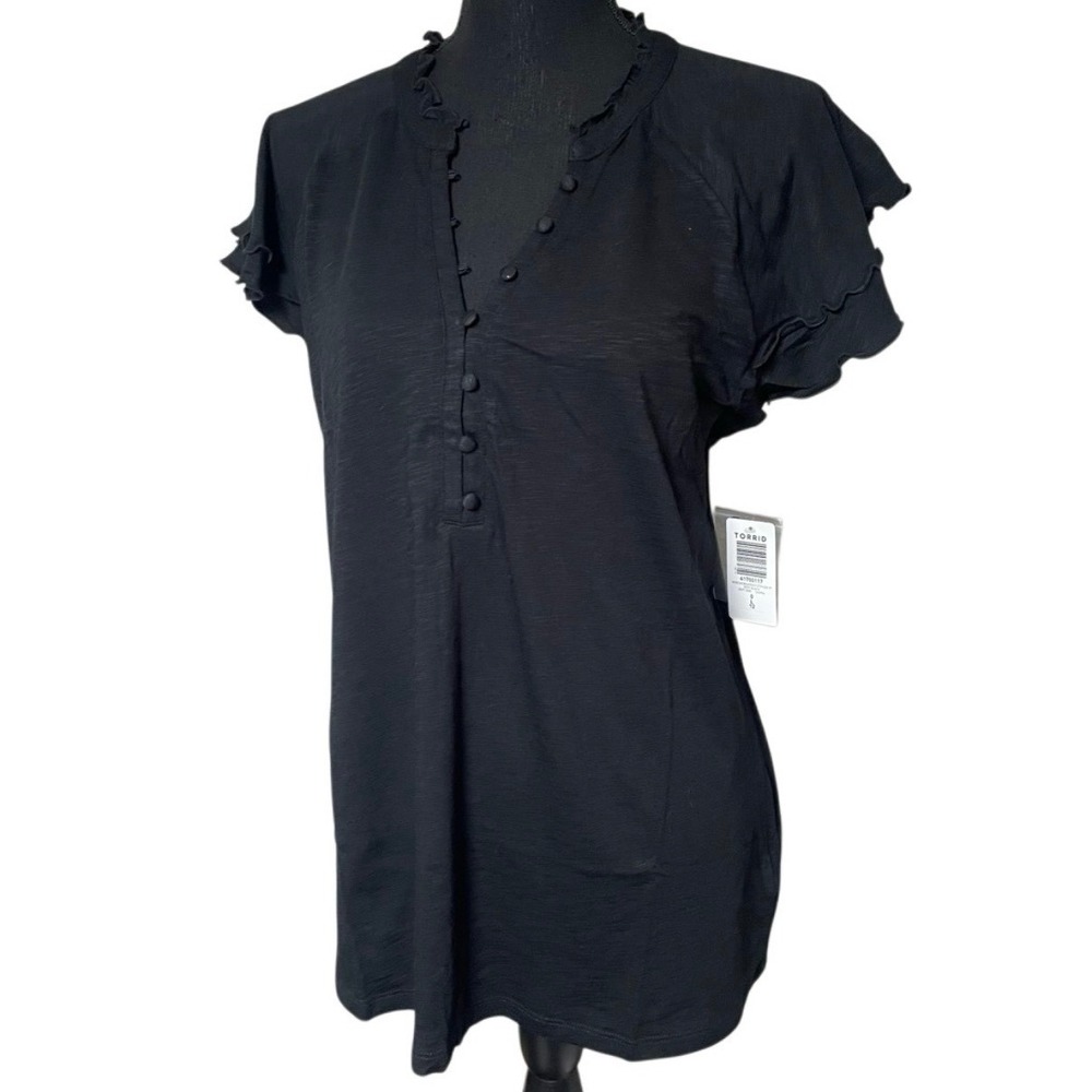 Torrid Black Vintage Slub Jersey Ruffle Henley Top